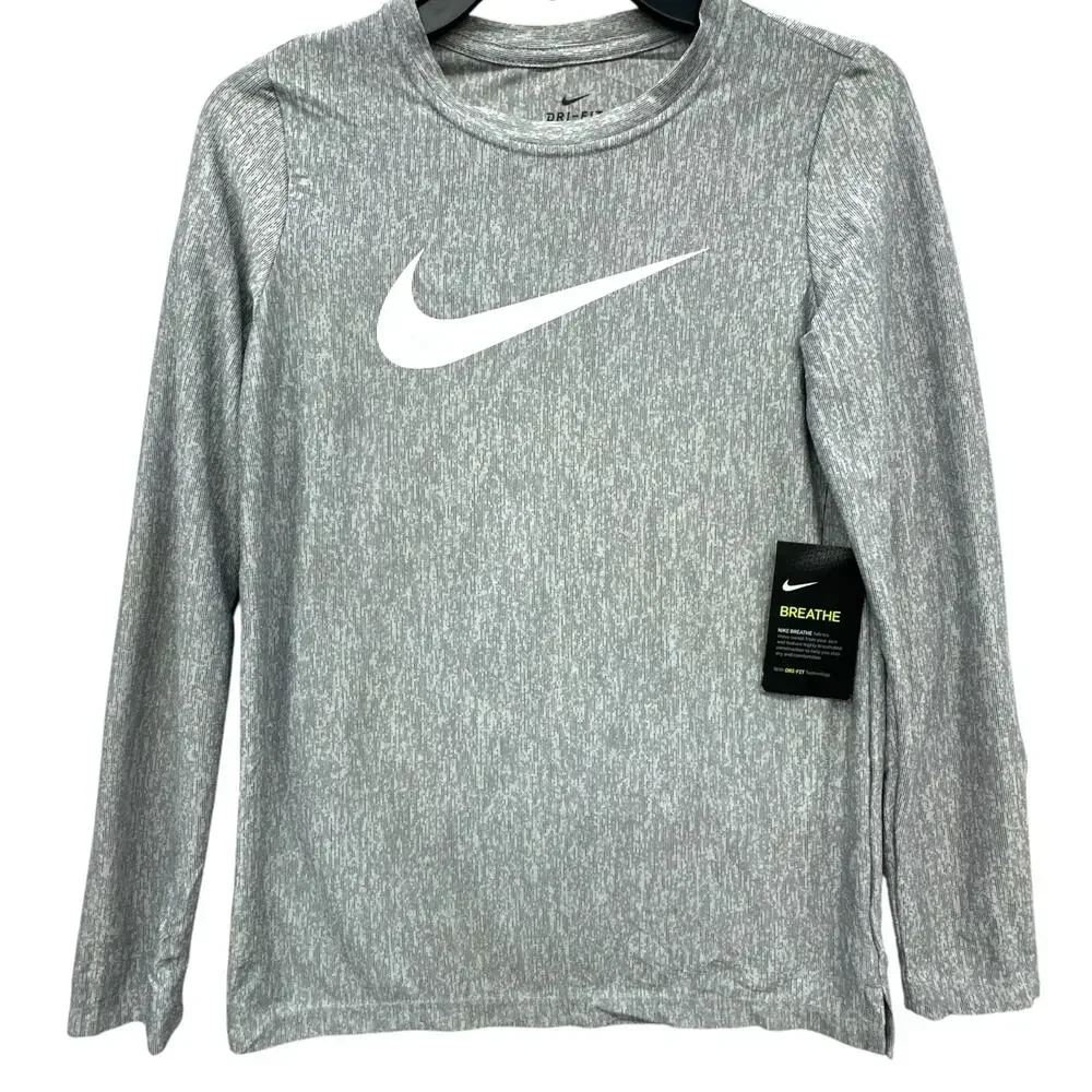Nike Dri-FIT Breathe Boys Long Sleeve Training Shirt Size L Gray Swoosh NWT
